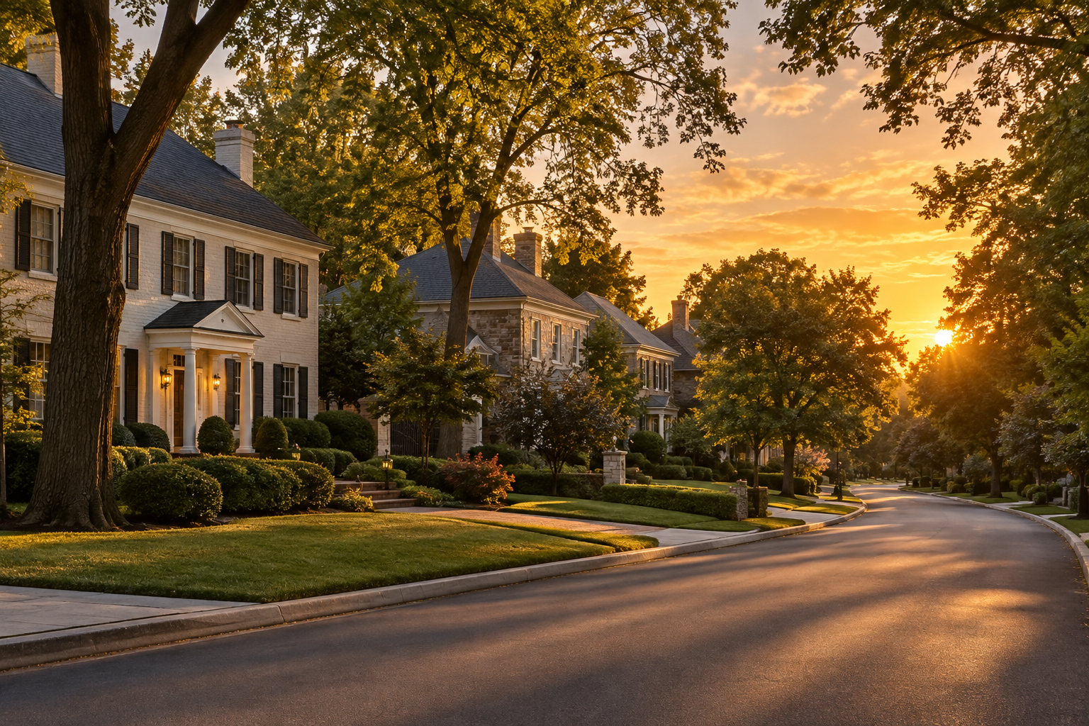 A Delaware neighborhood street at golden hour, illustrative