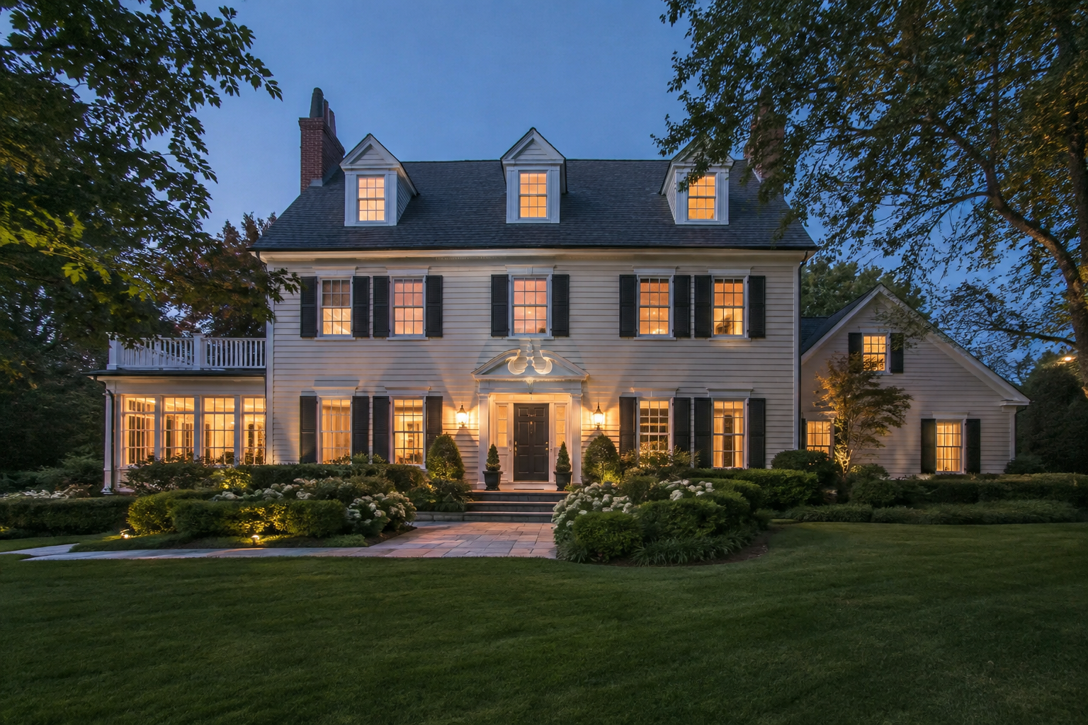 A Delaware home exterior at dusk, illustrative